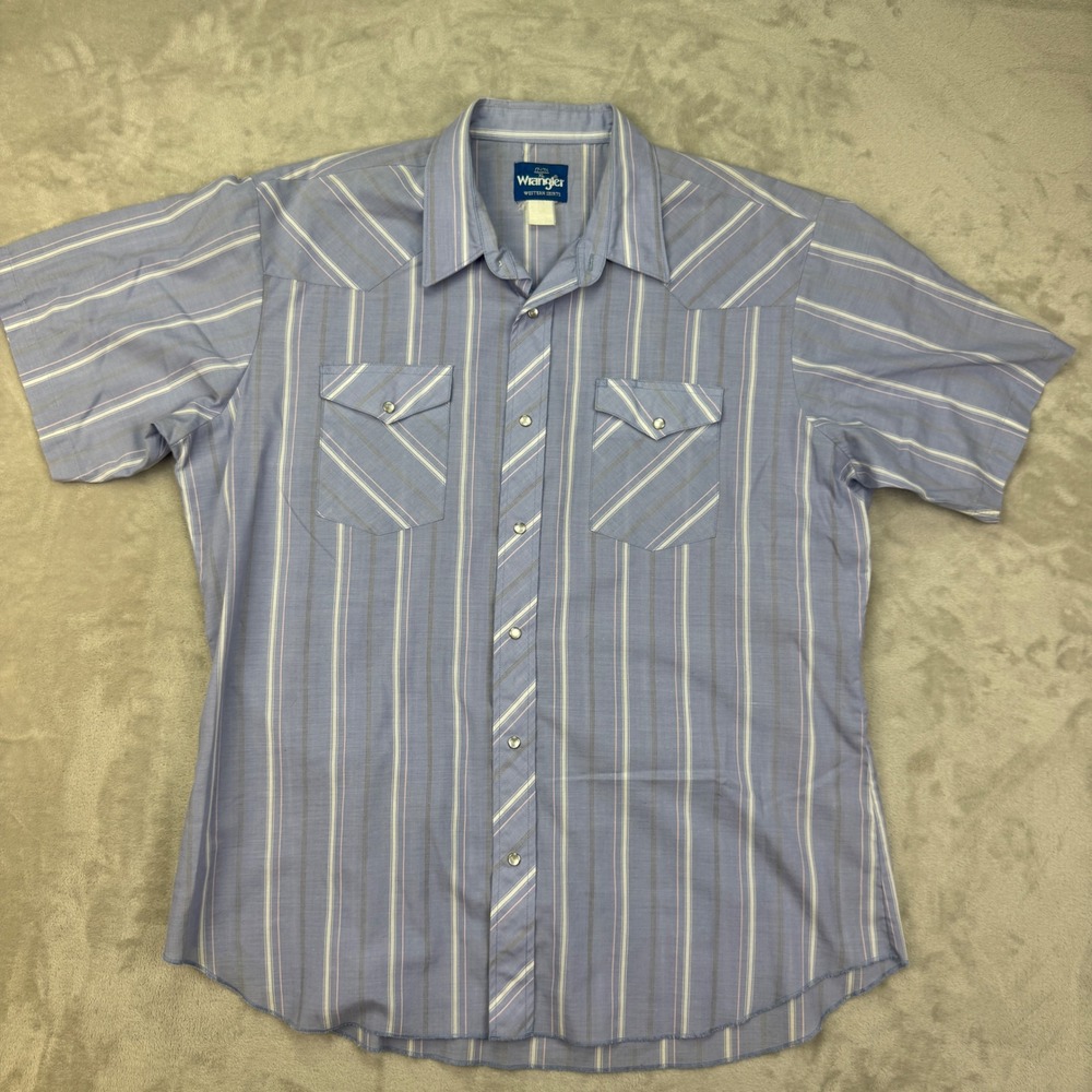 90s Wrangler Western Shirt Mens XL Blue Striped Regular Fit Pearl Snap Vintage
